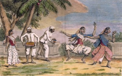 Een groep Bayaderes, of Indiase danseressen, met mannelijke muzikanten, illustratie uit 