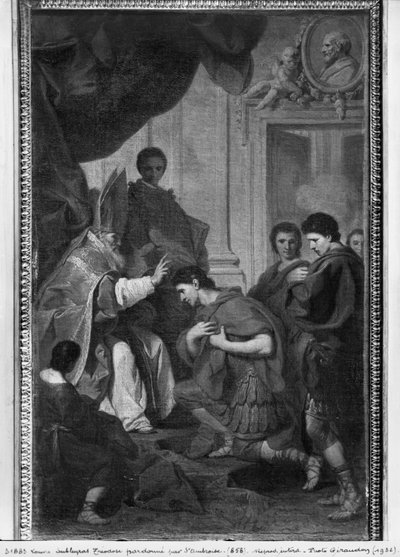 Keizer Theodosius I de Grote ontvangt de vergeving van St. Ambrosius, aartsbisschop van Milaan, c.1745 door Pierre Subleyras