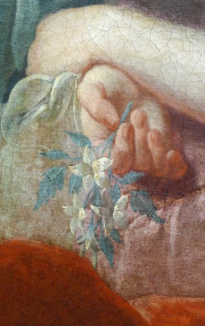 Hand van een jonge vrouw die een bloeiende tak vasthoudt. Detail van Portret van Madame Poulhariex en haar dochter, rond 1728 door Pierre Subleyras
