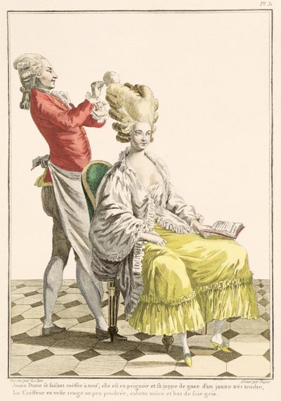 Een jonge vrouw in een peignoir met haar kapper, plaat 31 uit 