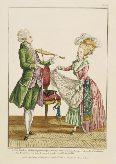 Een heer die viool speelt terwijl een dame danst, gegraveerd door J. Pelicier door Pierre Thomas Le Clerc