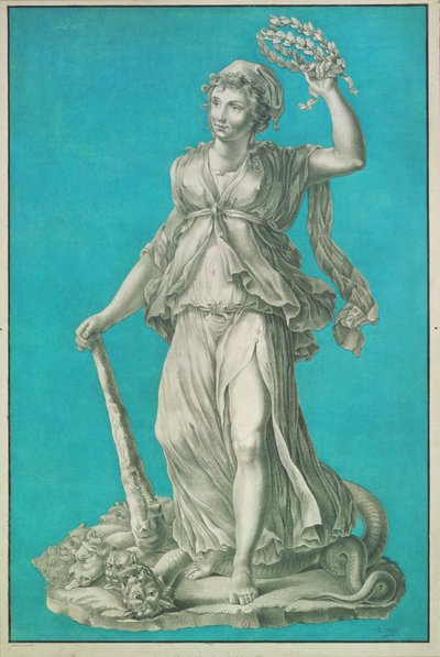 Vrijheid. Ets op blauwe achtergrond door Pierre Thomas Le Clerc