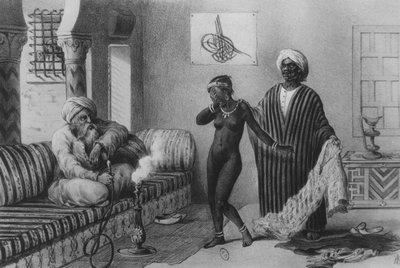 Een jong meisje uit Timbuktoe aangeboden door een slaveneigenaar in Tripoli in 1854, uit "Voyages au Soudan et dans L