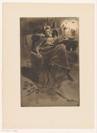Interieur met een lezende vrouw in een stoel door Pierre Vidal