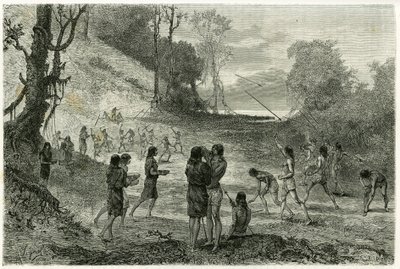 Speerwerpen tussen 2 stammen van Zaparros, mannen oefenen en vrouwen rijden rond de spelers zonder angst en serveren hen drankjes. Gravure ter illustratie van het verhaal 