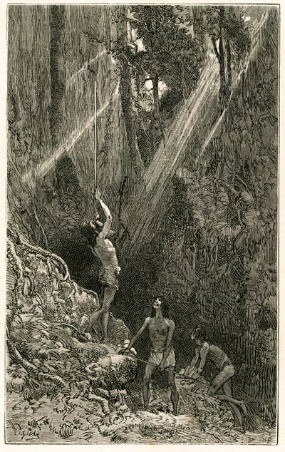 Suno-indianen, van de oevers van de Napo-rivier (Amazone), jagen met blaaspijpen. Gravure door Vignal, ter illustratie van het verhaal 