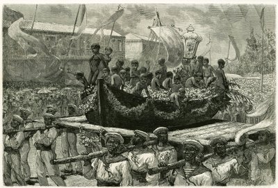 De processie van de Cirio aan de vooravond van Allerheiligen, religieus en populair, het beeld van de Maagd wordt door de stad vervoerd op de kano van een schip dat in 1793 is verdwenen, waarvan de overlevenden ex-voto de Wonderbaarlijke Maagd aanboden. Gr door Pierre Vignal