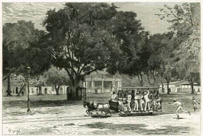Tram, getrokken door paarden, in de haven van Para (Brazilië), op het Largo van Nazareth. Gravure door Vignal, ter illustratie van het verhaal 