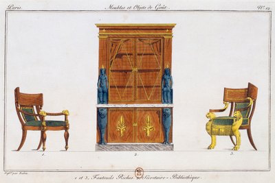 Fauteuils en bibliotheek schrijftafel, plaat 12, illustratie uit Collection de meubles et objects de gout (Collectie van meubels en smaakvolle objecten) door Pierre de La Mesangere