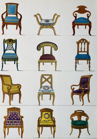 Fauteuils, stoelen en voetenbanken, Illustratie uit Collection de meubles et objects de gout door Pierre de La Mesangere