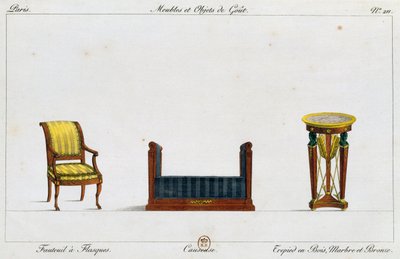 Fauteuil met flens, loveseat en driepoottafel, plaat 211, illustratie uit Collection de meubles et objects de goût (Collectie van meubels en smaakvolle objecten) door Pierre de La Mesangere