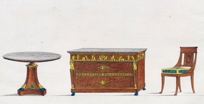 Mahoniehouten tafel, ladekast en stoel, plaat 241, illustratie uit Collection de meubles et objects de gout (Collectie van meubels en smaakvolle objecten) door Pierre de La Mesangere