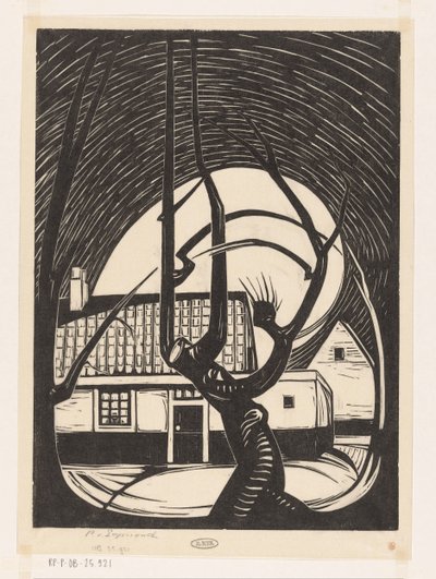Wilg voor een huis door Piet Egmond (signed by artist)