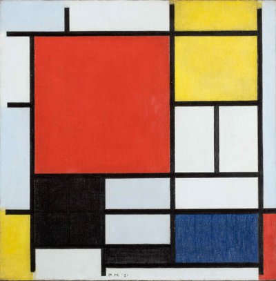 Compositie met groot rood vlak, geel, zwart, grijs en blauw door Piet Mondrian