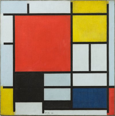 Compositie met groot rood vlak, geel, zwart, grijs en blauw door Piet Mondrian