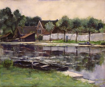 Boerenvrouwen met wasgoed aan de oever van een rivier door Piet Mondrian
