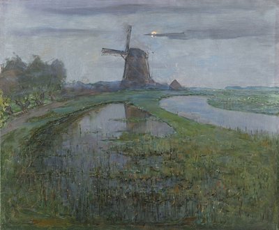 Oostzijdse molen langs de rivier door Piet Mondrian