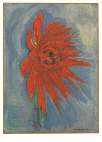 Rode chrysant op blauwe achtergrond, ca 1909-10 (olieverf op doek) door Piet Mondrian