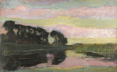 Rivierlandschap met roze en geelgroene lucht, ca. 1907-1908 door Piet Mondrian
