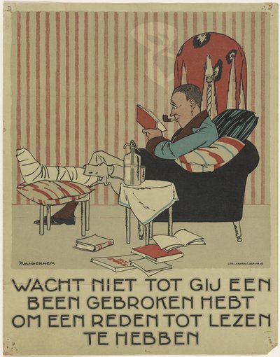 Lezende man met gebroken been in een leunstoel door Piet van der Hem