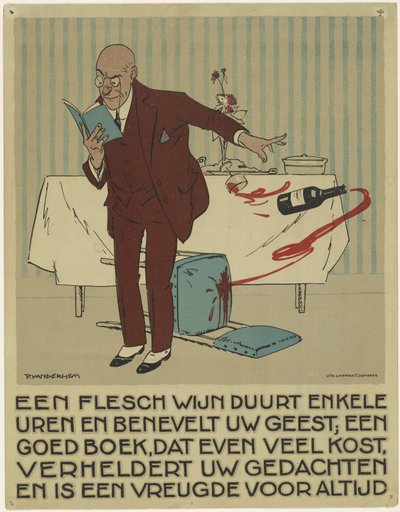 Lezende man stoot per ongeluk een fles en glas wijn van tafel door Piet van der Hem