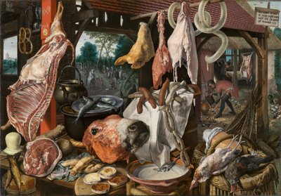 Een vleesstal met de Heilige Familie die aalmoezen geeft door Pieter Aertsen