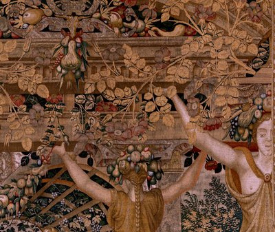 Vlaams wandtapijt. Serie Vertumnus en Pomona. Vertumnus veranderd in een boer door Pieter (circle of) Coecke van Aelst