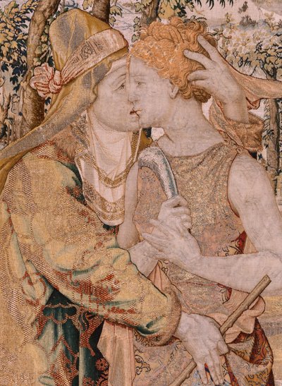 Vlaamse wandtapijt. Serie Vertumnus en Pomona. Vertumnus kust Pomona. Zevende wandtapijt in de serie. Model Kring van Pieter Coecke van Aelst. Fabrikant Wilhelm Pannemaker, Brussel. Ca 1545-1550. door Pieter (circle of) Coecke van Aelst