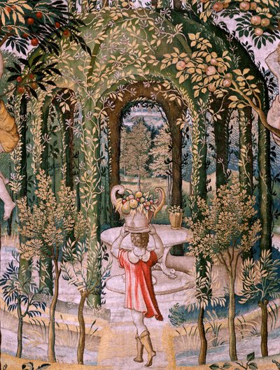 Vlaamse wandtapijt. Serie Vertumnus en Pomona; Vertumnus getransformeerd in een tuinman (Vertumno transformado en jardinero). Vijfde wandtapijt in de serie. Model Kring van Pieter Coecke Van Aelst en Léonard Thiry. Fabriek Onbekende werkplaats, Brussel, vo door Pieter (circle of) Coecke van Aelst
