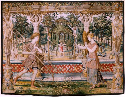 Vlaams wandtapijt. Serie Vertumnus en Pomona; Vertumnus veranderd in een tuinman. Vijfde wandtapijt in de serie. Model Kring van Pieter Coecke Van Aelst en Léonard Thiry. Manufacture Onbekende werkplaats, Brussel, voor door Pieter (circle of) Coecke van Aelst