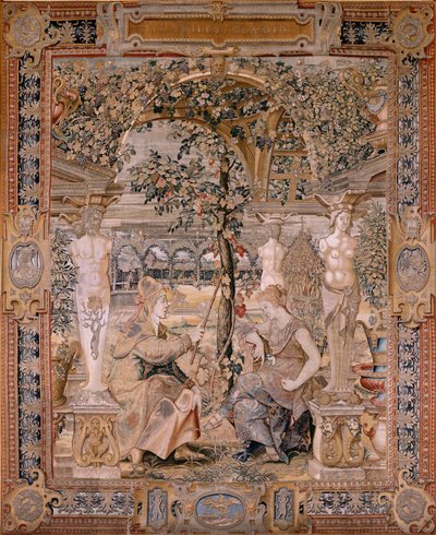 Vlaamse wandtapijt. Serie Vertumnus en Pomona. Vertumnus veranderd in een oude vrouw. Zesde wandtapijt in de serie. Model Cirkel van Pieter Coecke van Aelst. Atelier Wilhelm Pannemaker, Brussel. Ca 1545-1550 door Pieter (circle of) Coecke van Aelst