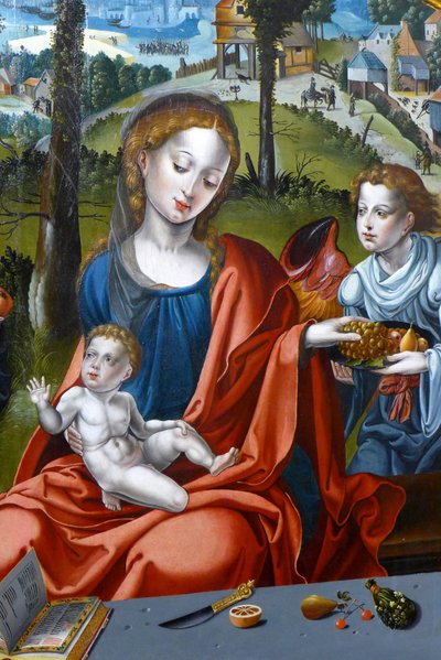 Maria, de baby Jezus en een engel (detail) door Pieter (studio of) Coecke van Aelst