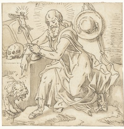 Heilige Hieronymus gezeten bij een crucifix, boek en schedel door Pieter Aertsen (workshop of)
