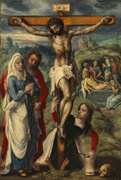 Christus aan het Kruis, met de Graflegging op de Achtergrond, c.1530 door Pieter Aertsen