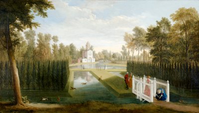 Een Uitzicht op Chiswick Gardens naar de achterkant van het Bagnio (Cascina) Chiswick House door Pieter Andreas Rysbrack