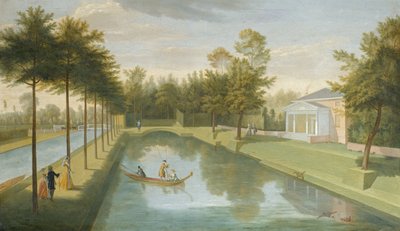 Uitzicht op de Tempel bij het water, met het bassin en het lange kanaal, Chiswick Villa door Pieter Andreas Rysbrack