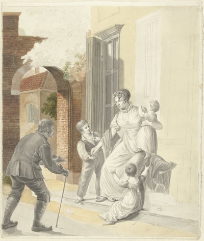Bedelaar ontvangt een aalmoes van een dame door Pieter Bartholomeusz. Barbiers