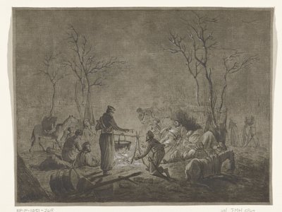 Bivak van Kozakken bij vuur tijdens Franse bezetting in 1813 te Amsterdam door Pieter Bartholomeusz. Barbiers