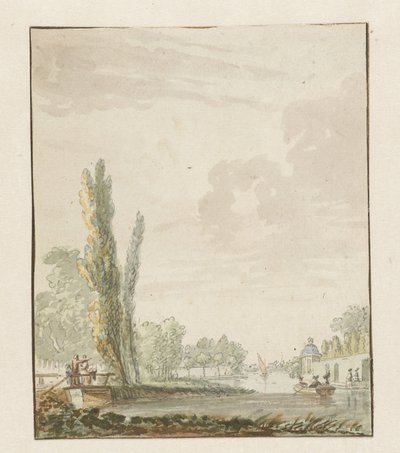 Gezicht langs een rivier met rechts een theekoepeltje door Pieter Bartholomeusz. Barbiers