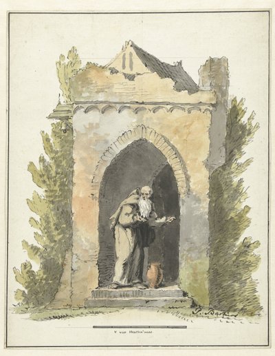 Kluizenaar voor een stenen kapel door Pieter Bartholomeusz. Barbiers