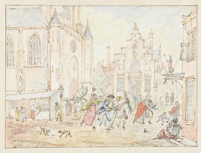 Plein met mensen in de regen door Pieter Bartholomeusz. Barbiers
