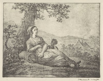 Rustende vrouw bij boom door Pieter Bartholomeusz. Barbiers
