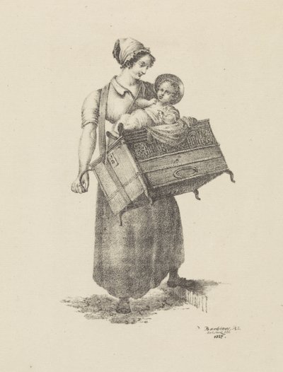 Vrouw met orgel en kind door Pieter Bartholomeusz. Barbiers