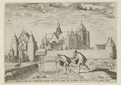 Gezicht op Veere, met het spreekwoord: de ene blinde leidt de andere door Pieter Bast