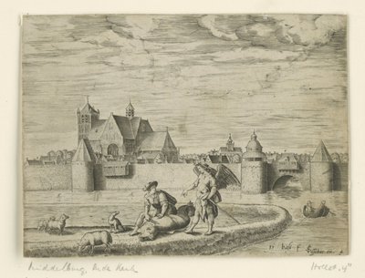 Tobias en de engel; op de achtergrond de Oude Kerk te Middelburg door Pieter Bast