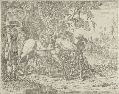 Gezadeld paard met soldaten door Pieter Bodding van Laer