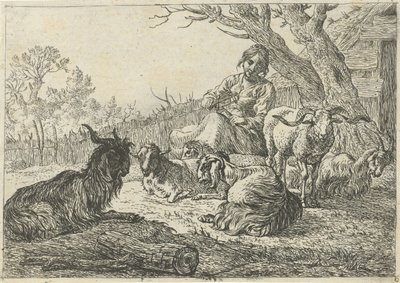 Herderin te midden van geiten en schapen door Pieter Bodding van Laer
