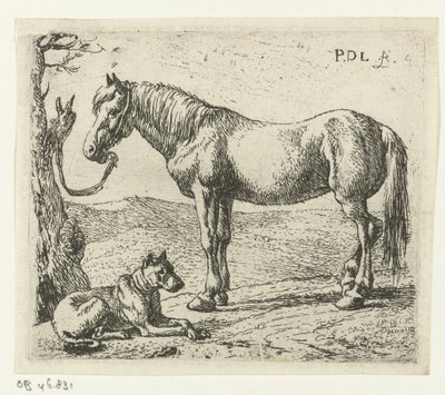Paard en hond in een weide door Pieter Bodding van Laer