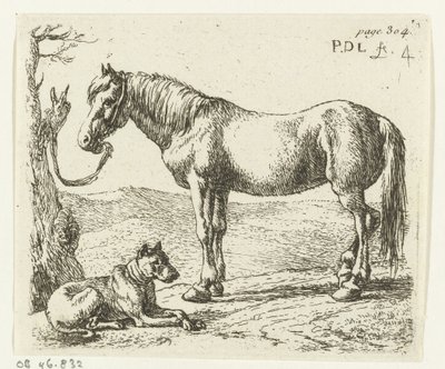 Paard en hond in een weide door Pieter Bodding van Laer