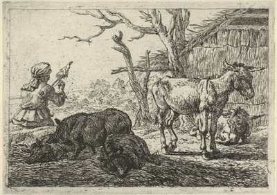 Spinnende vrouw, zwijnen en ezels door Pieter Bodding van Laer